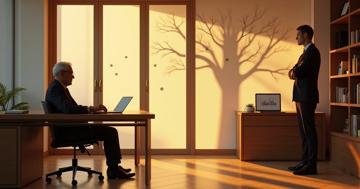 Dois executivos de gerações diferentes em escritório divididos por sombras de árvore familiar 
