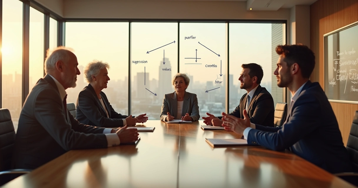 Reunião de família empresária em sala de conselho discutindo sucessão com clima harmonioso 