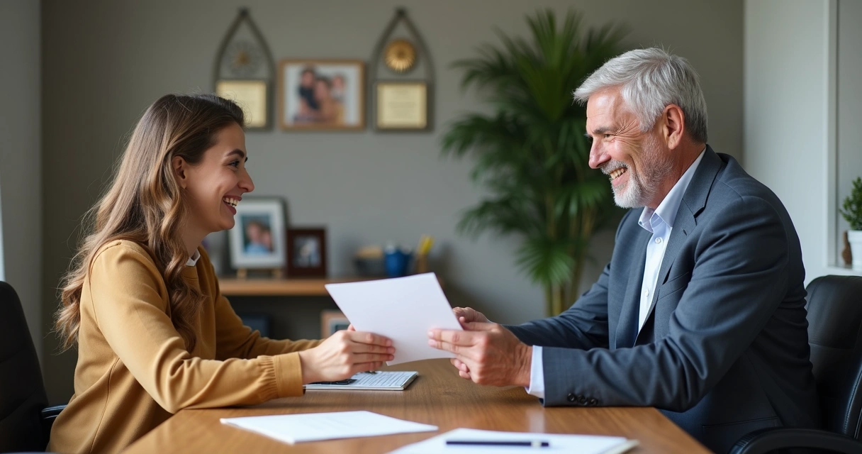 Dois membros de gerações diferentes passando documentos empresariais um para o outro.