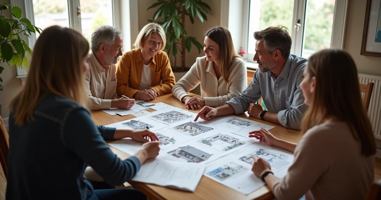 Família reunida, discutindo sucessão patrimonial com diagramas de bens 