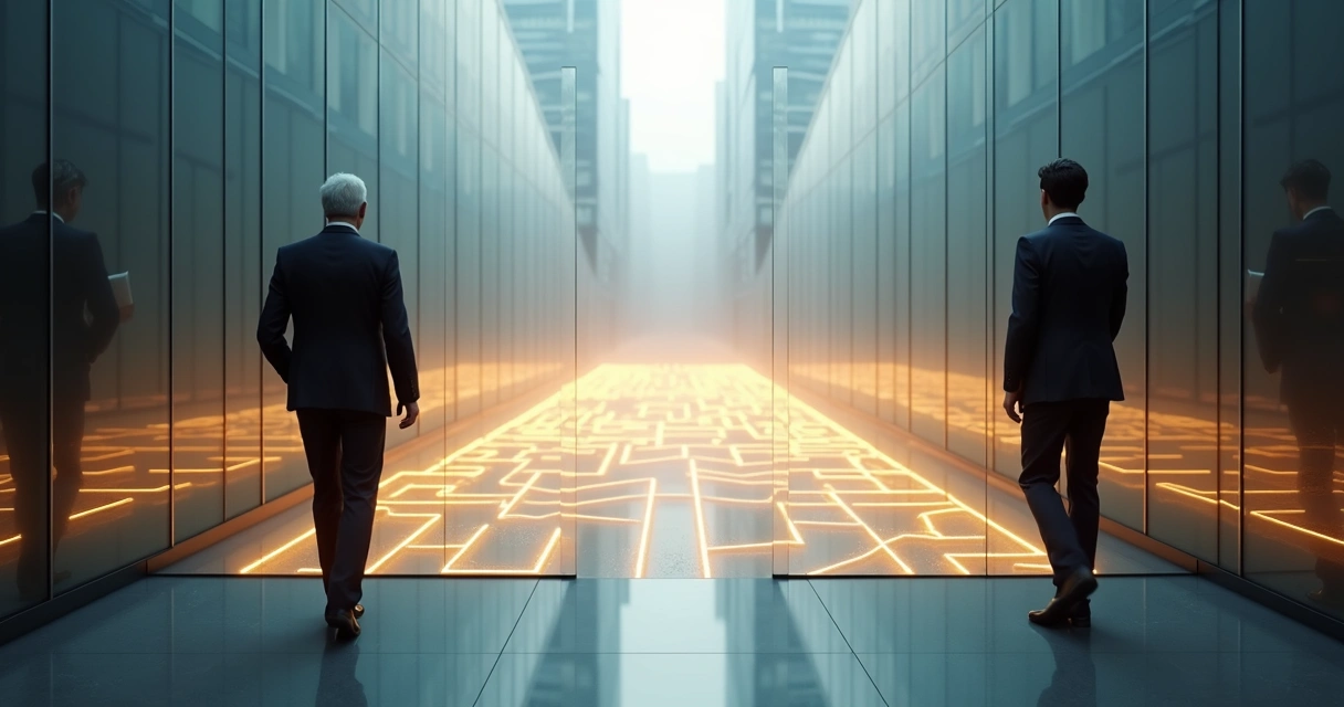 Dois executivos em corredores de vidro diferentes conectados por labirinto de luzes 