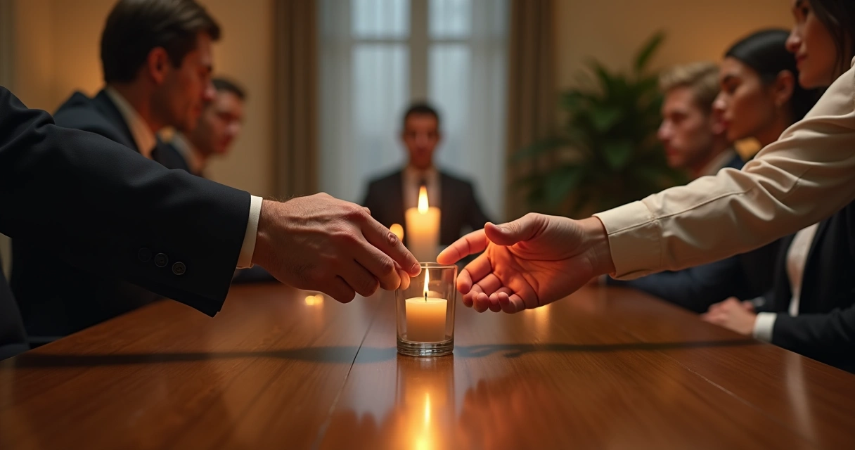 Mesa de madeira com duas mãos passando uma pequena chama de vela entre si 