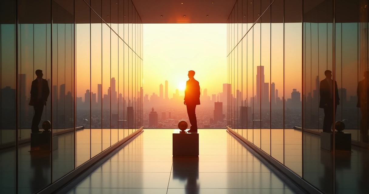 Dois líderes em corredores que se encontram representando sucessão corporativa com equilíbrio emocional 