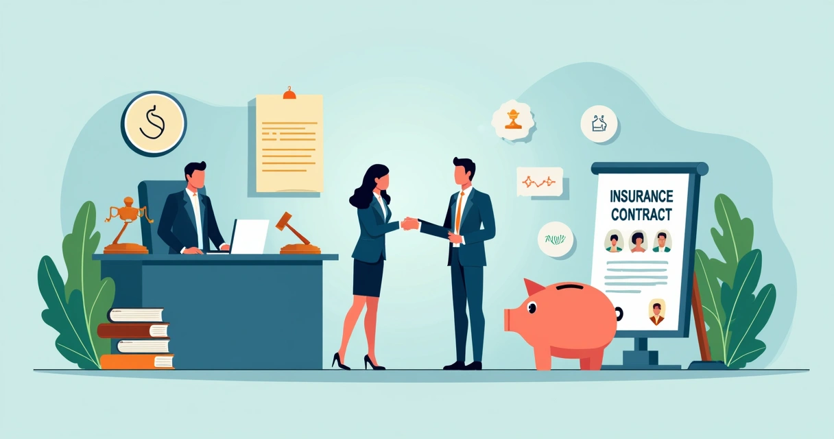 Cartório e seguro de vida representados por ícones lado a lado, com documentos e pessoas ao redor 