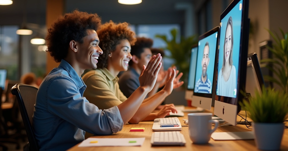 Grupo de alunos online comemorando juntos na frente de computadores