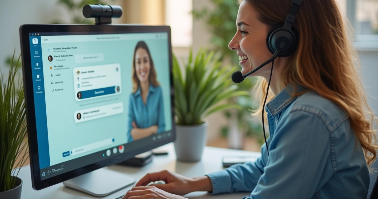 Representação de atendimento ao cliente com agente de IA e sorriso de satisfação 