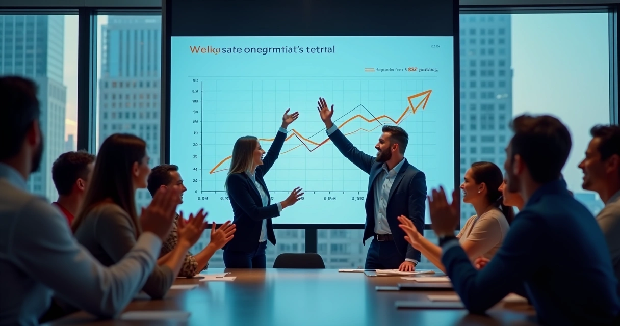 Time de trabalho celebra resultado bem-sucedido em frente a um painel digital 