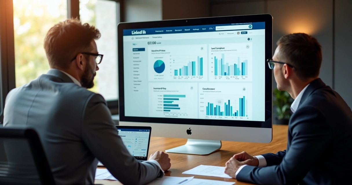 Executivos analisam resultados de campanhas no LinkedIn em tela de computador 