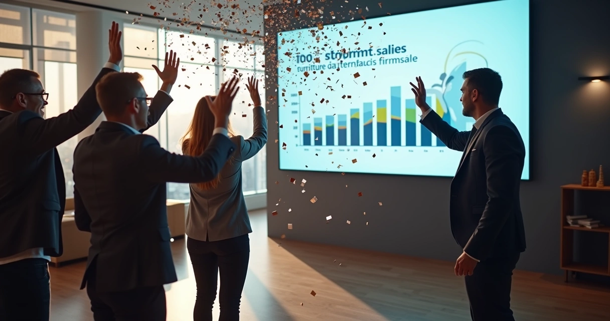 Equipe celebrando ao redor de uma tela com gráficos de crescimento de vendas de móveis 