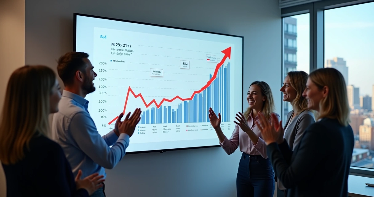 Equipe comemorando resultados de campanhas digitais em escritório 