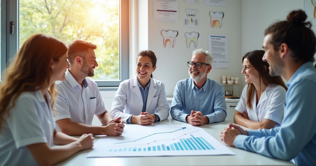 Equipe de clínica odontológica feliz analisando gráficos positivos 