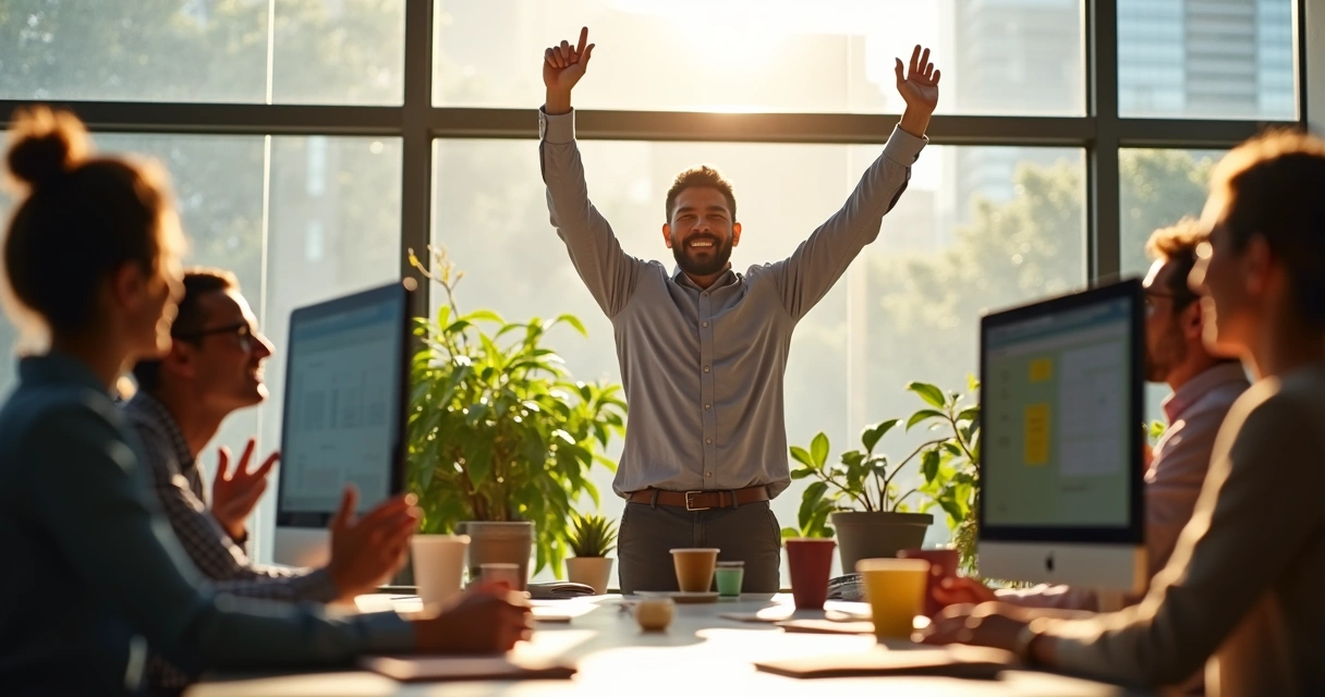 Profissional celebrando conquista no ambiente de trabalho 