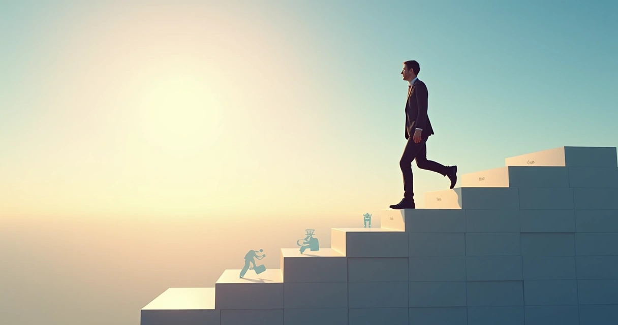 Pessoa subindo degraus representando evolução na carreira 