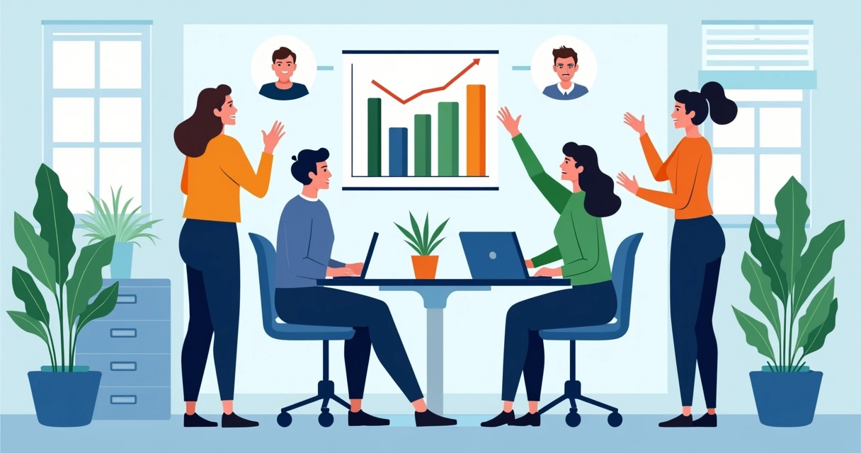 Equipe B2B comemorando aumento de vendas com gráficos e tecnologia 