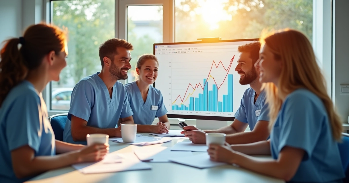 Equipe de clínica odontológica comemorando bons resultados 