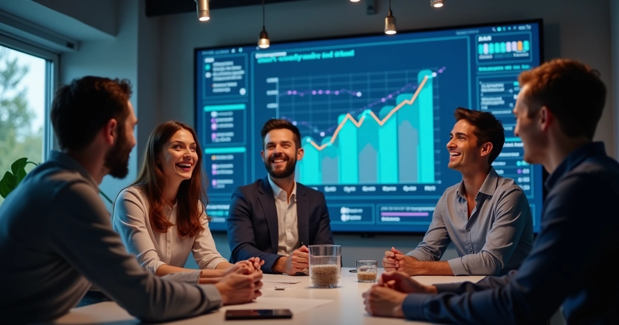 Equipe analisando resultado positivo em comunidade digital 
