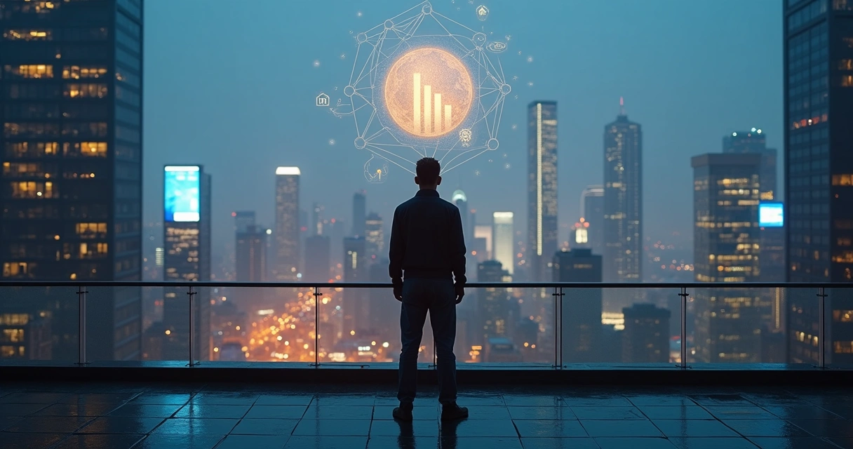 Pessoa olhando cidade à noite com símbolos de consciência flutuando 