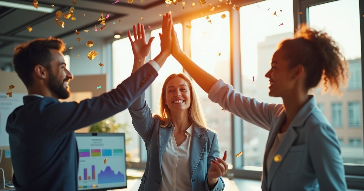 Equipe comercial comemorando resultado de marketing B2B personalizado 