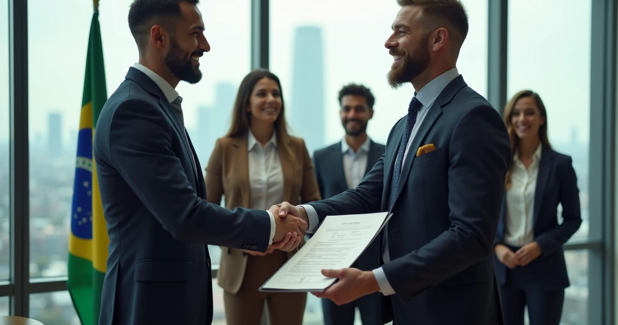 Empresário comemorando assinatura de contrato público