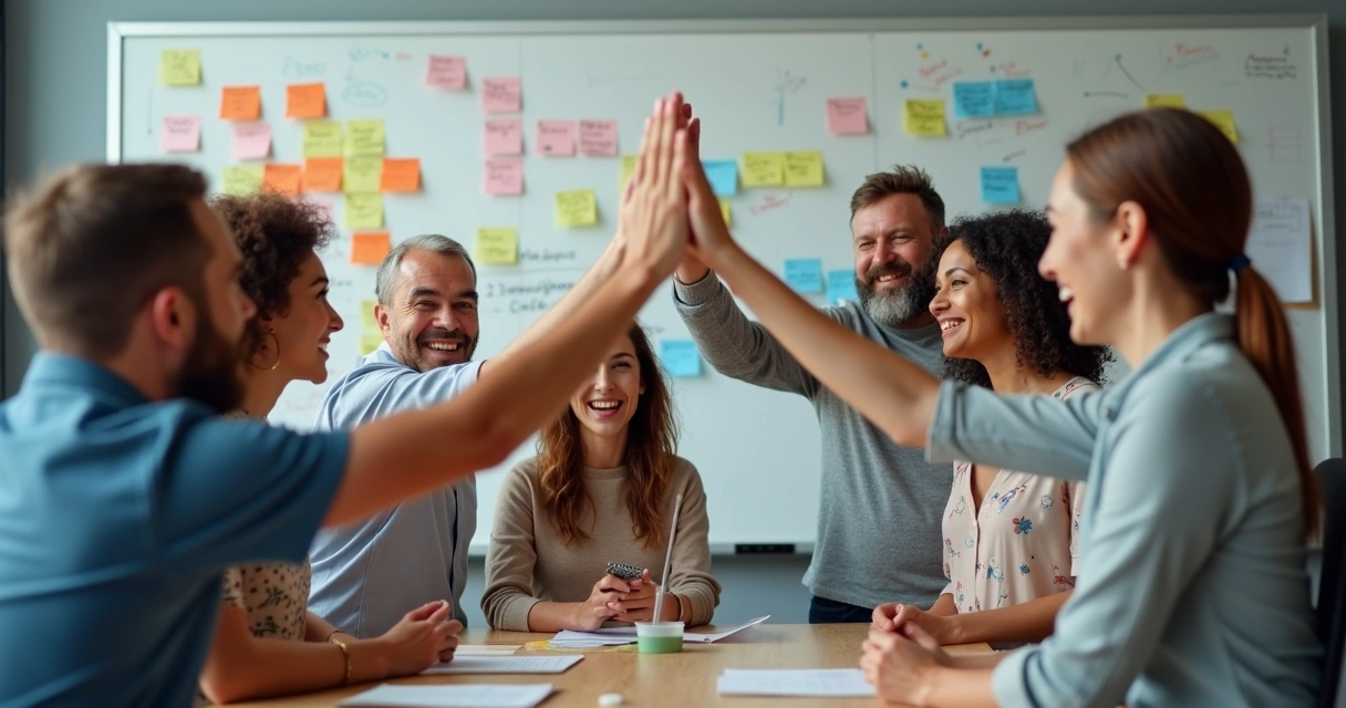 Grupo diverso de pessoas cooperando, sorrindo em frente a mural colorido