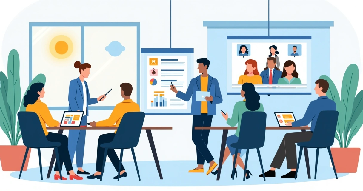 Equipe de sucesso do cliente em um escritório moderno, apresentando webinar e discutindo feedbacks.