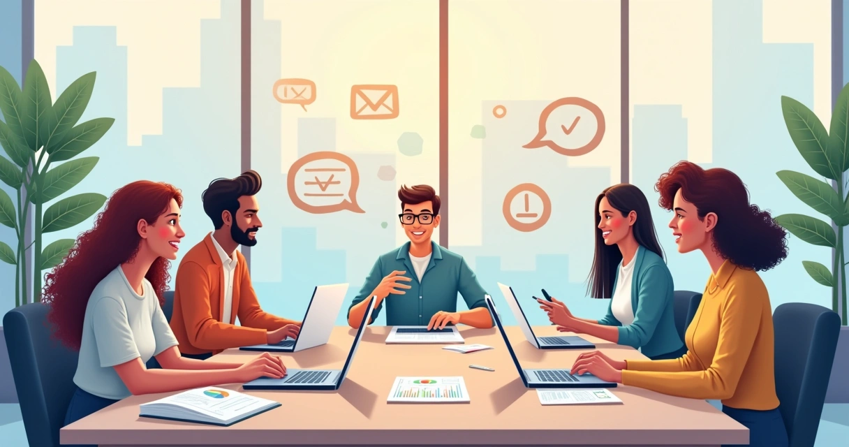 Equipe diversificada discutindo o sucesso do cliente em uma sala de reuniões moderna com janelas e ícones sutis.