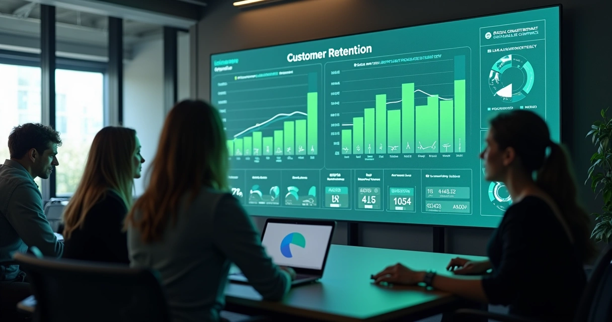 Equipe de sucesso do cliente monitorando tela com métricas de retenção 