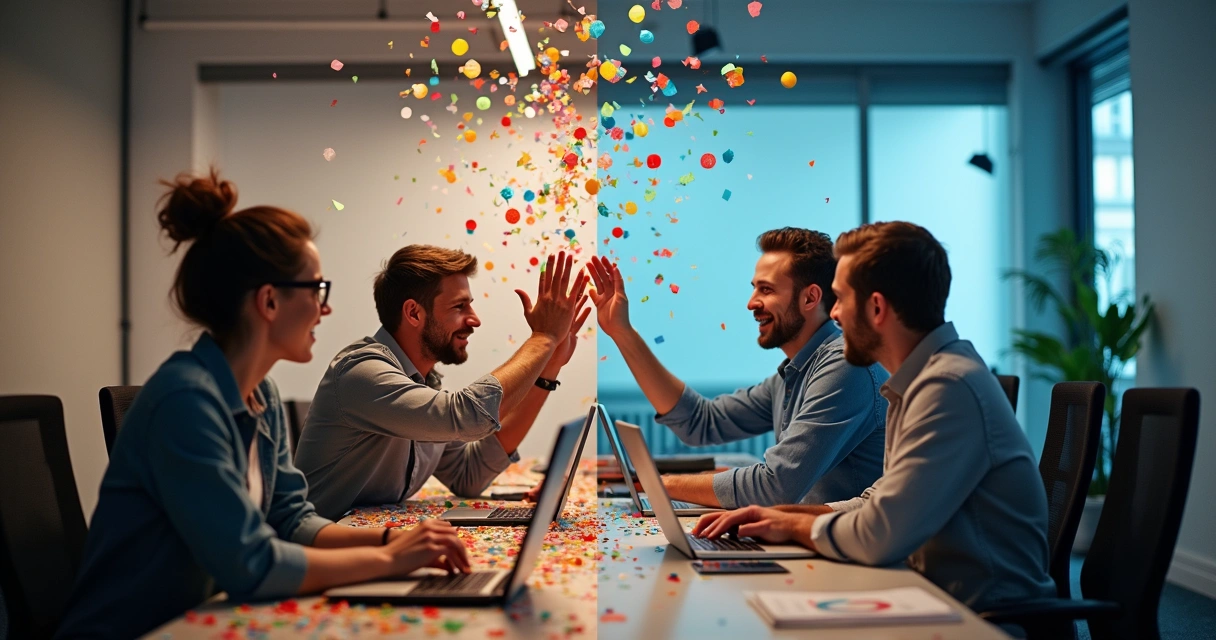 Fundadores de startup celebrando e outro grupo refletindo sobre resultados 