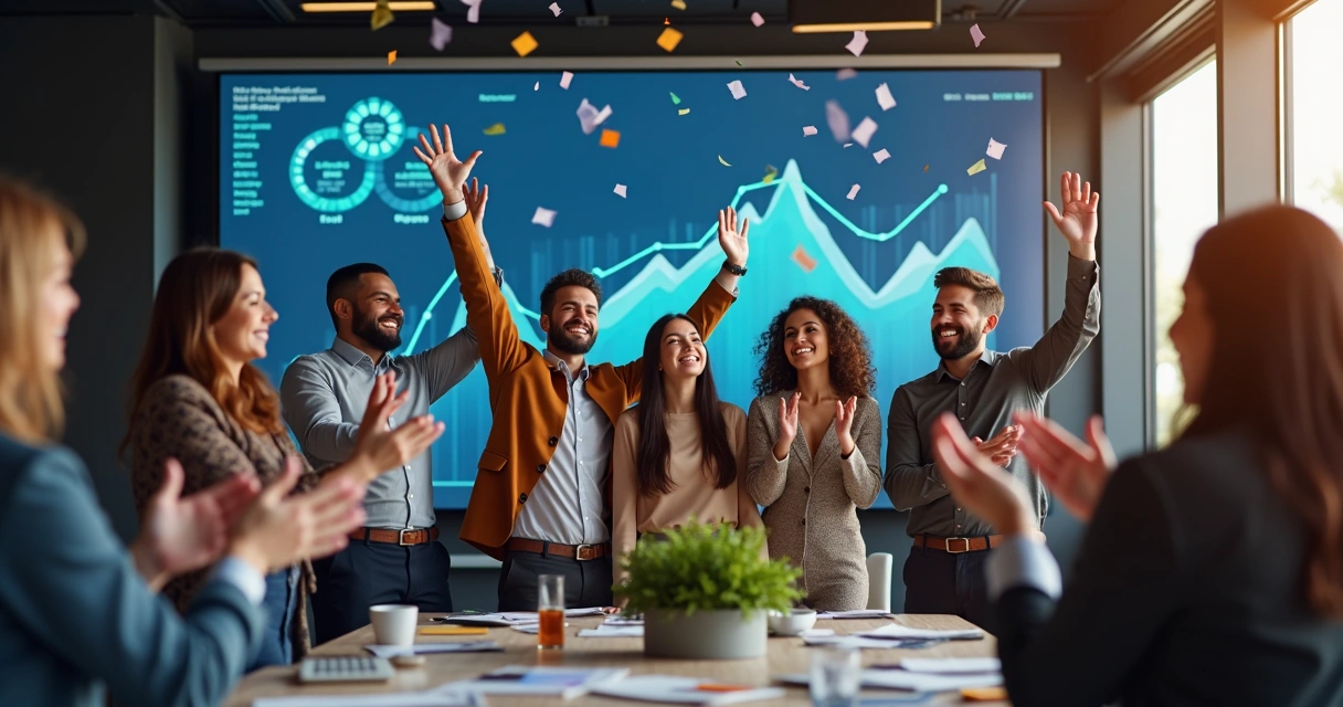 Equipe comemorando meta atingida com gráficos de resultados e interface digital de IA 