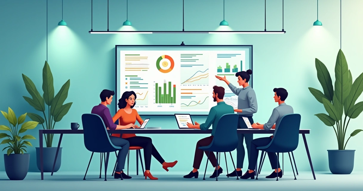 Equipe diversificada em escritório analisando feedbacks de clientes com gráficos de satisfação ao fundo.