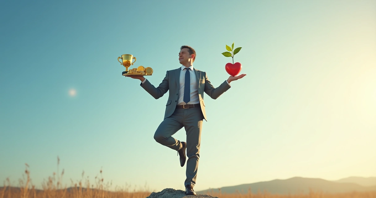 Pessoa equilibrando símbolos de sucesso material e felicidade em paisagem clara 