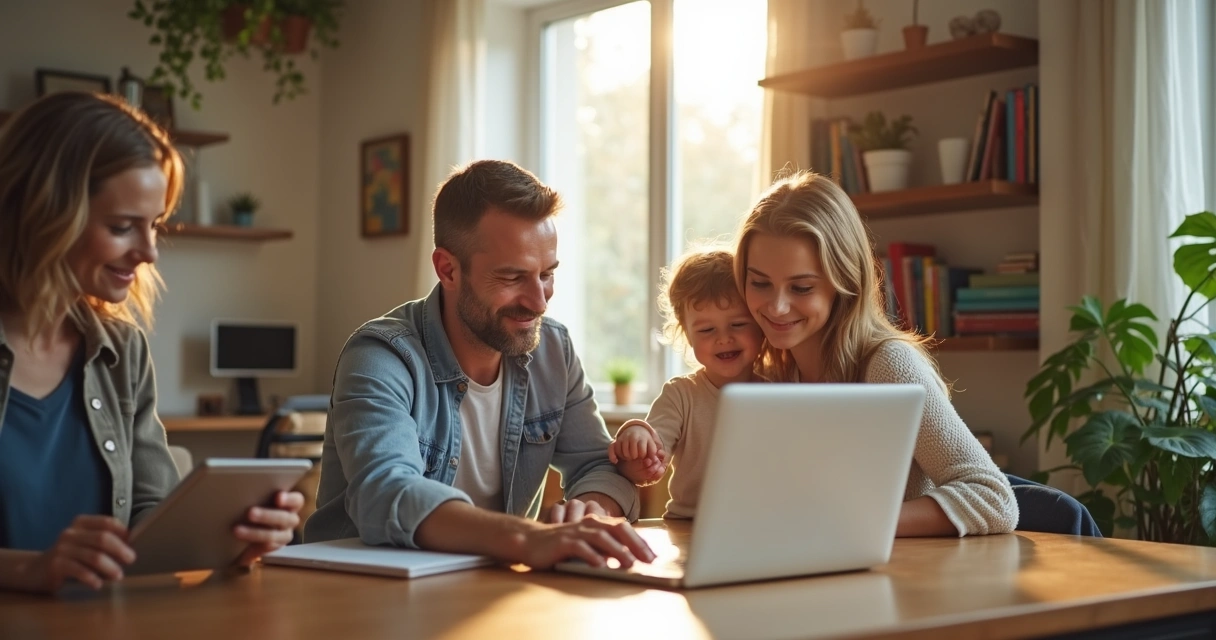 Homem em uma sala iluminada dividindo atenção entre família e computador 