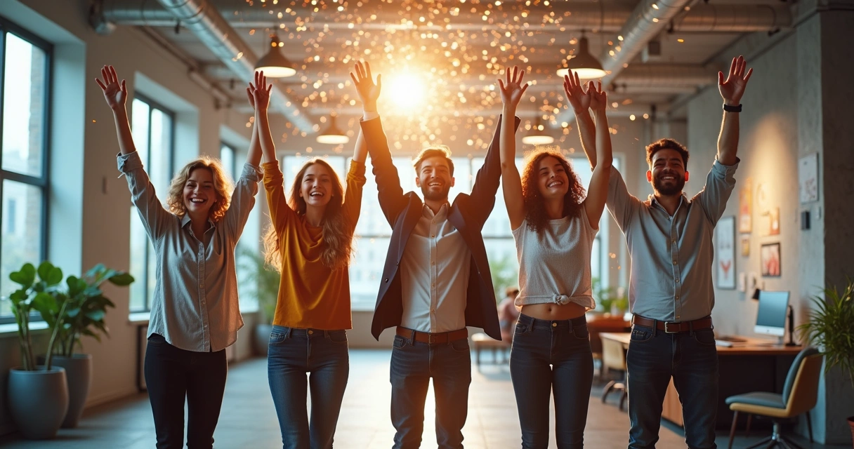 Equipe comemorando com braços levantados e expressão de entusiasmo, ambiente corporativo moderno e colorido.