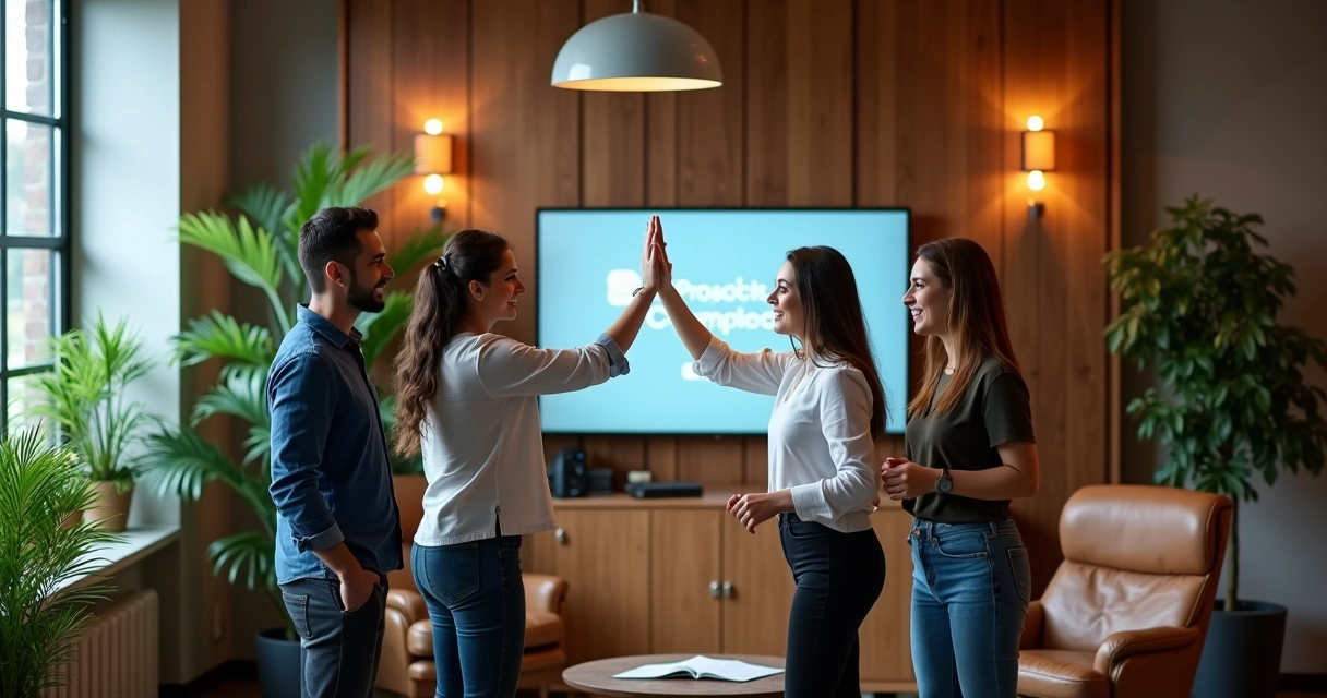 Equipe pequena comemorando resultado no escritório elegante 