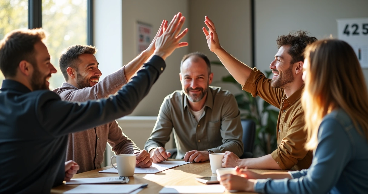 Equipe pequena reunida comemorando entrega de metas, ambiente descontraído.