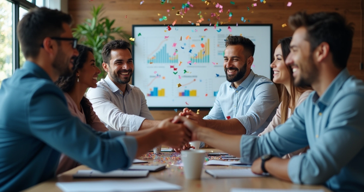 Time de vendas B2B comemorando sucesso com gráficos de crescimento 