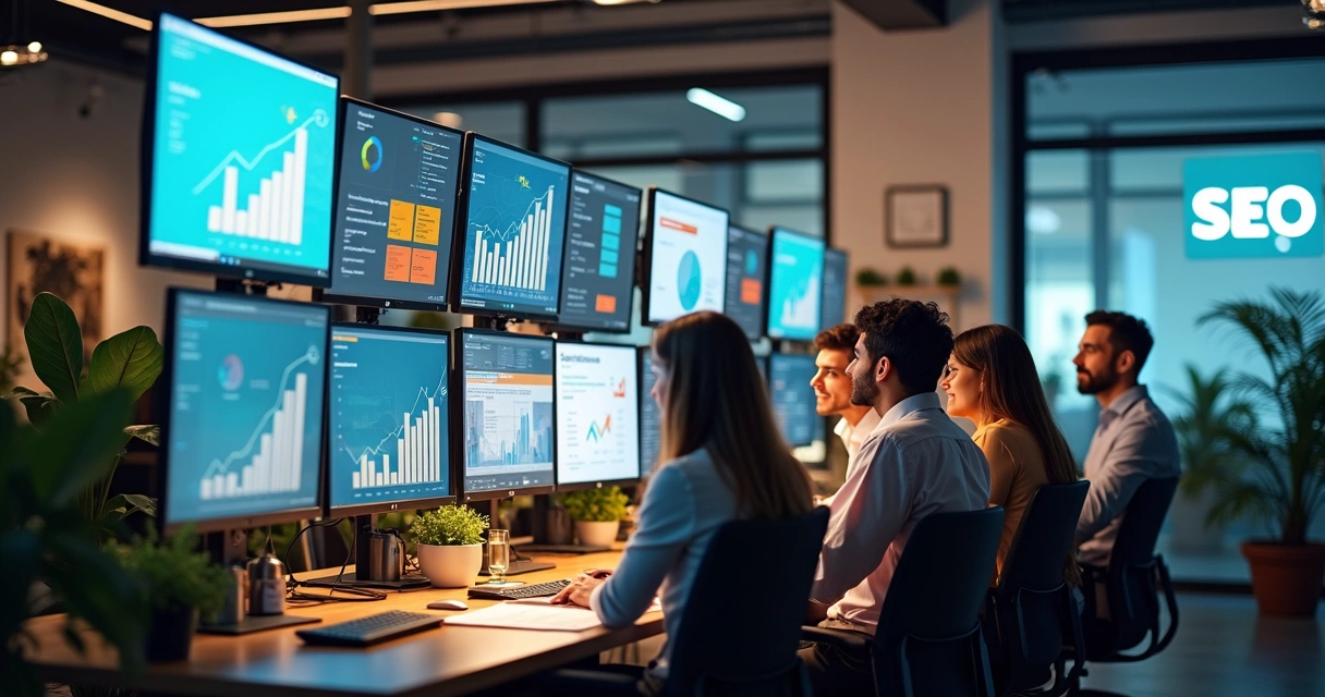 Ambiente de agência digital evidenciando sucesso em estratégia de SEO.