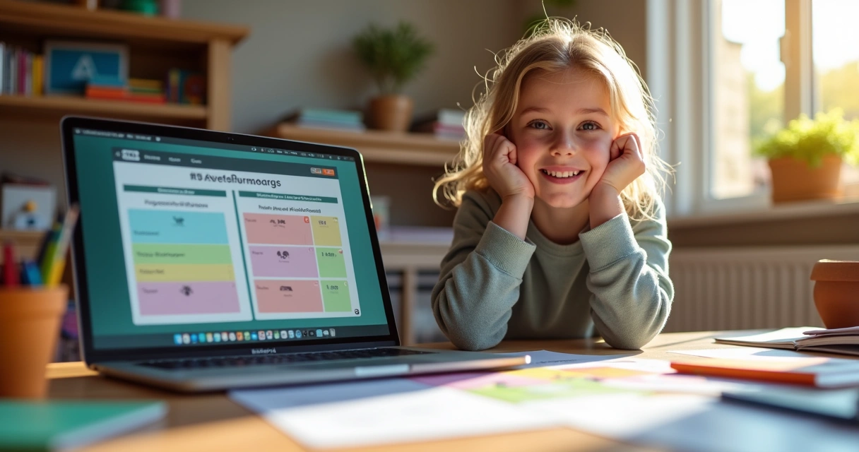 Estudante sorrindo ao revisar conteúdo de biologia com laptop, flashcards e gráficos coloridos 