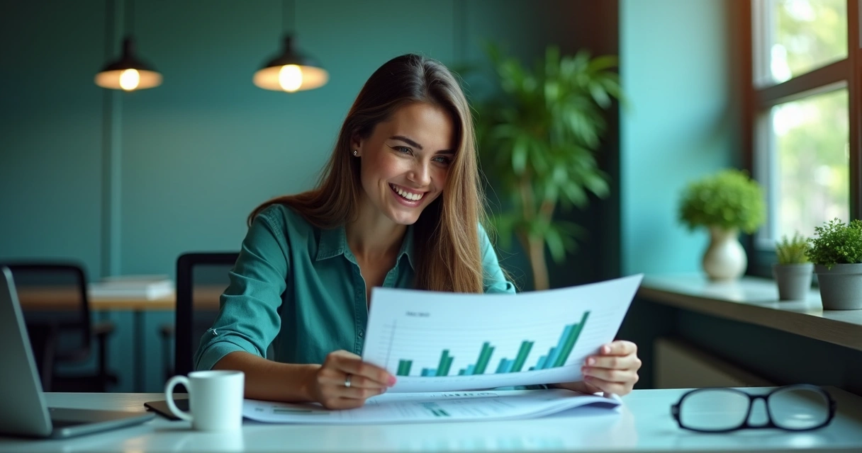 Pessoa sorrindo ao verificar gráficos de crescimento de investimentos 