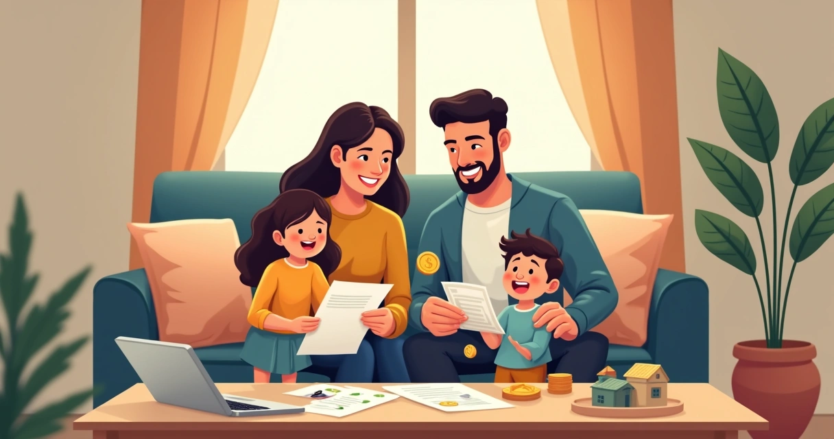 Família reunida em um sofá com dinheiro em mãos olhando para documentos de investimentos 
