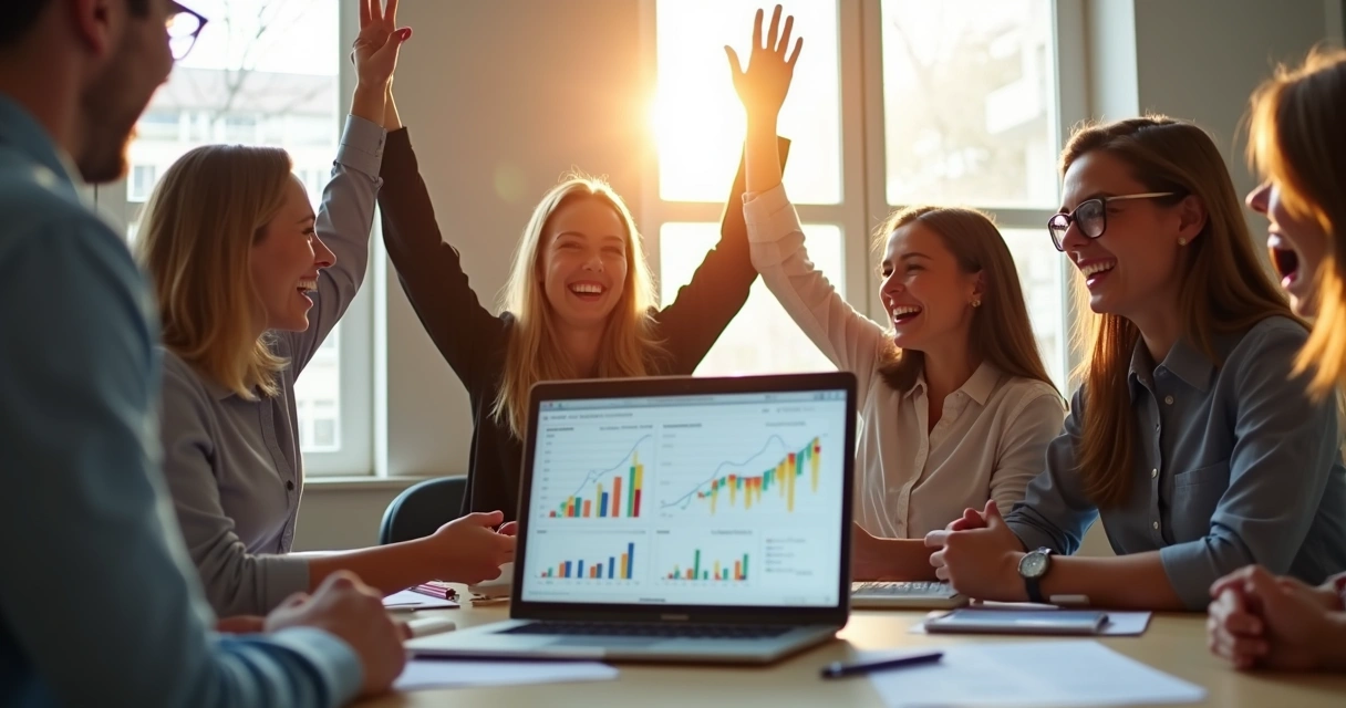 Equipe comemorando resultados positivos de vendas B2B ao redor de um laptop