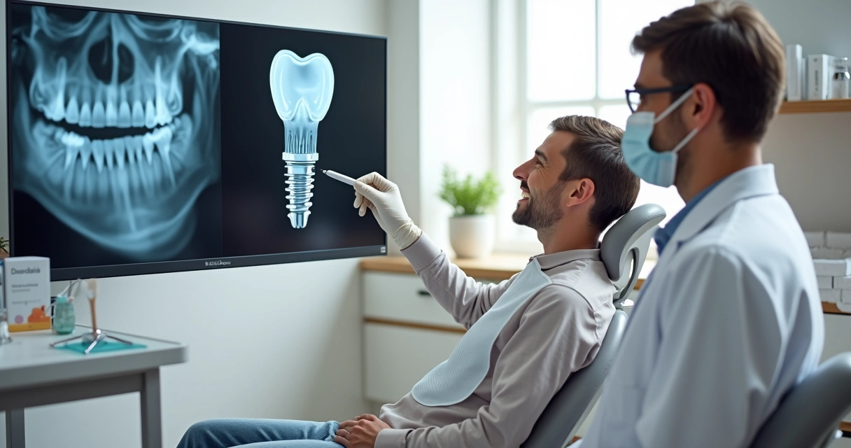 Odontologista mostrando radiografia de implante dentário bem-sucedido a paciente sorridente 