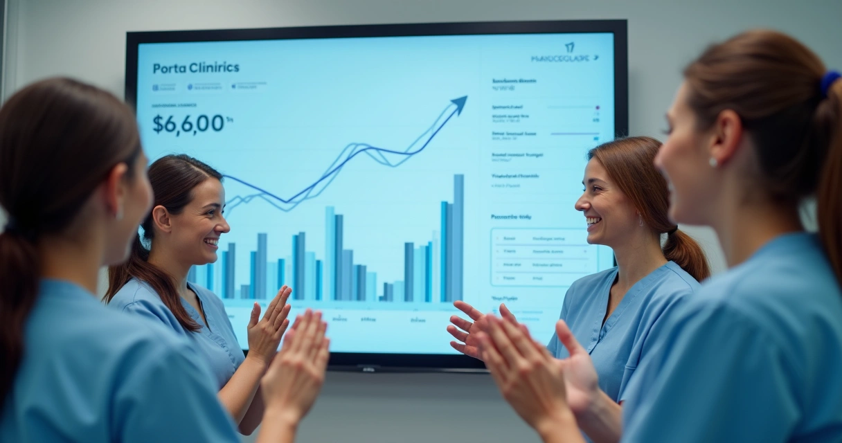 Equipe odontológica comemora frente a painel mostrando métricas positivas do Instagram 