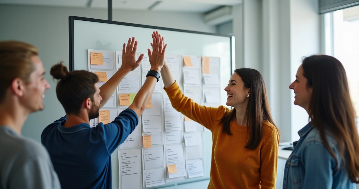 Equipe comemorando diante de quadro Kanban finalizado 