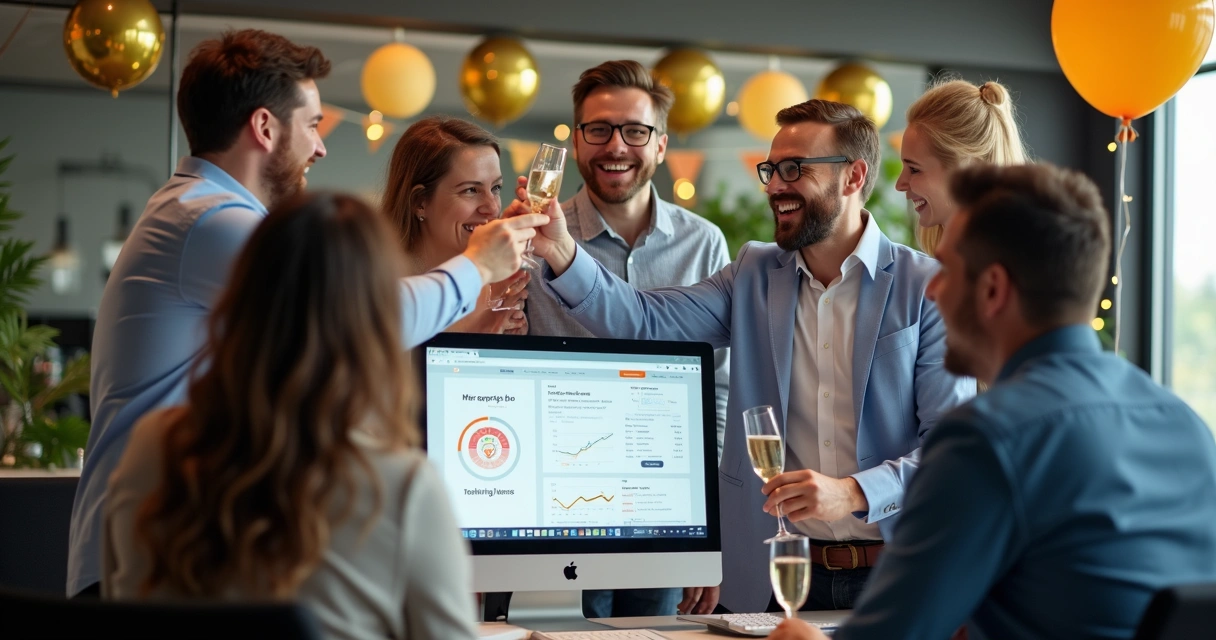 Time comercial comemorando fechamento de negócio, tela de computador exibe pontuação alta de lead 