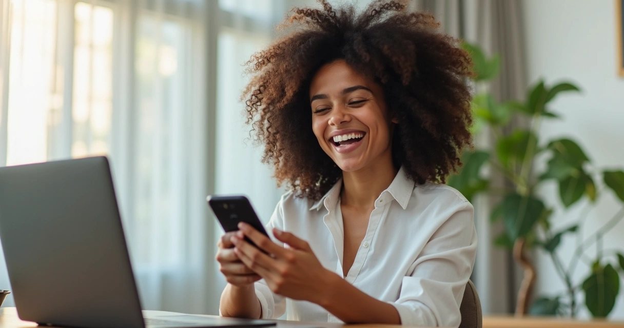 Mulher comemorando novo emprego com celular na mão 