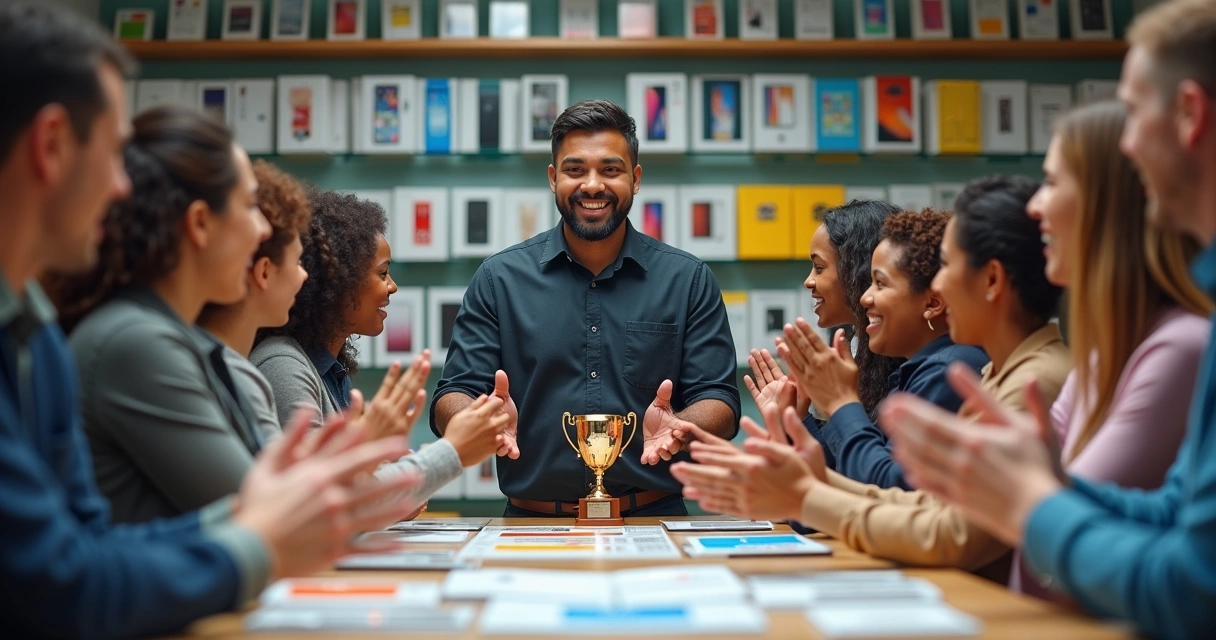 Empreendedor de loja de celular comemorando bons resultados com equipe