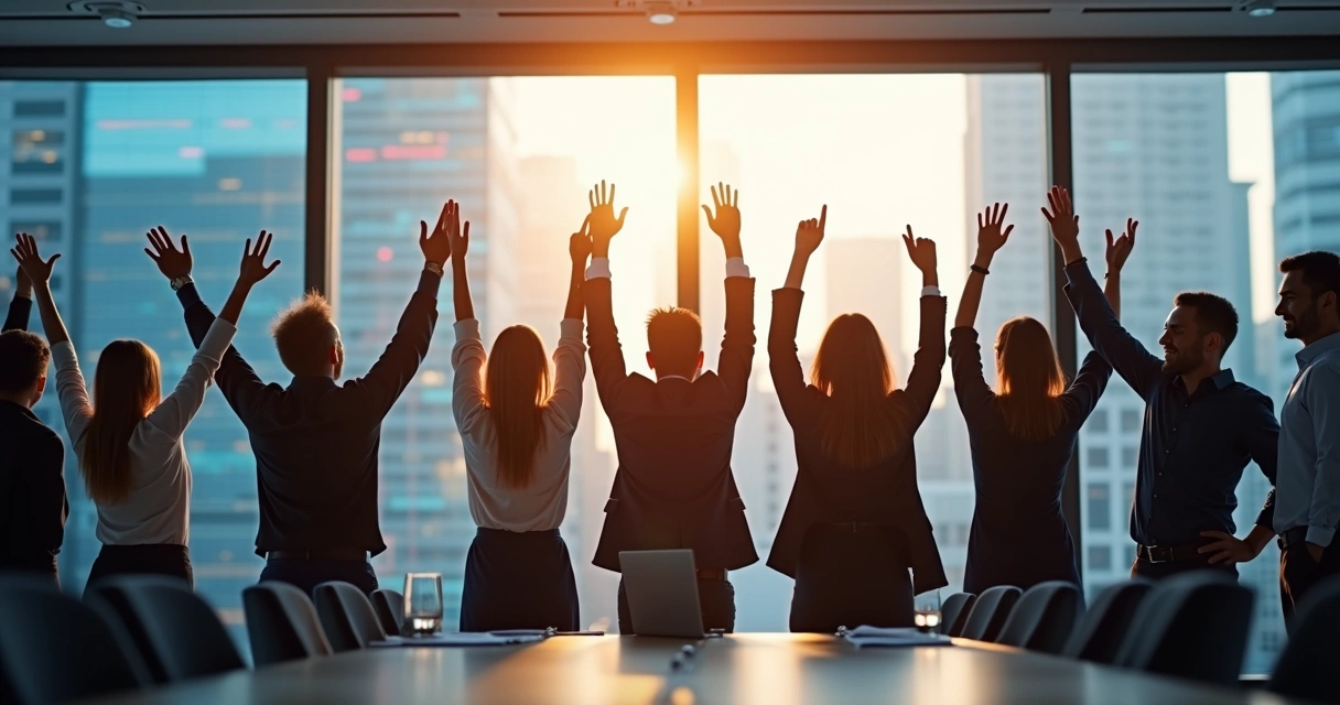 Equipe empresarial celebrando o sucesso de parceria com private equity