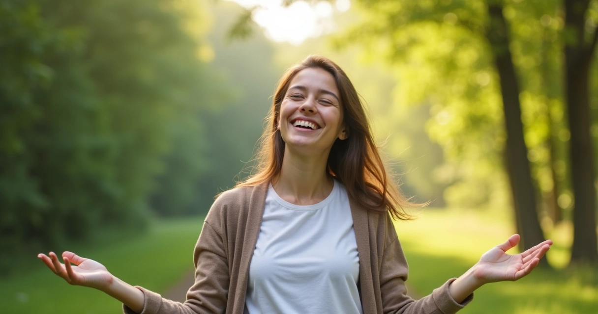 Pessoa sorrindo sozinha ao ar livre com expressão de realização