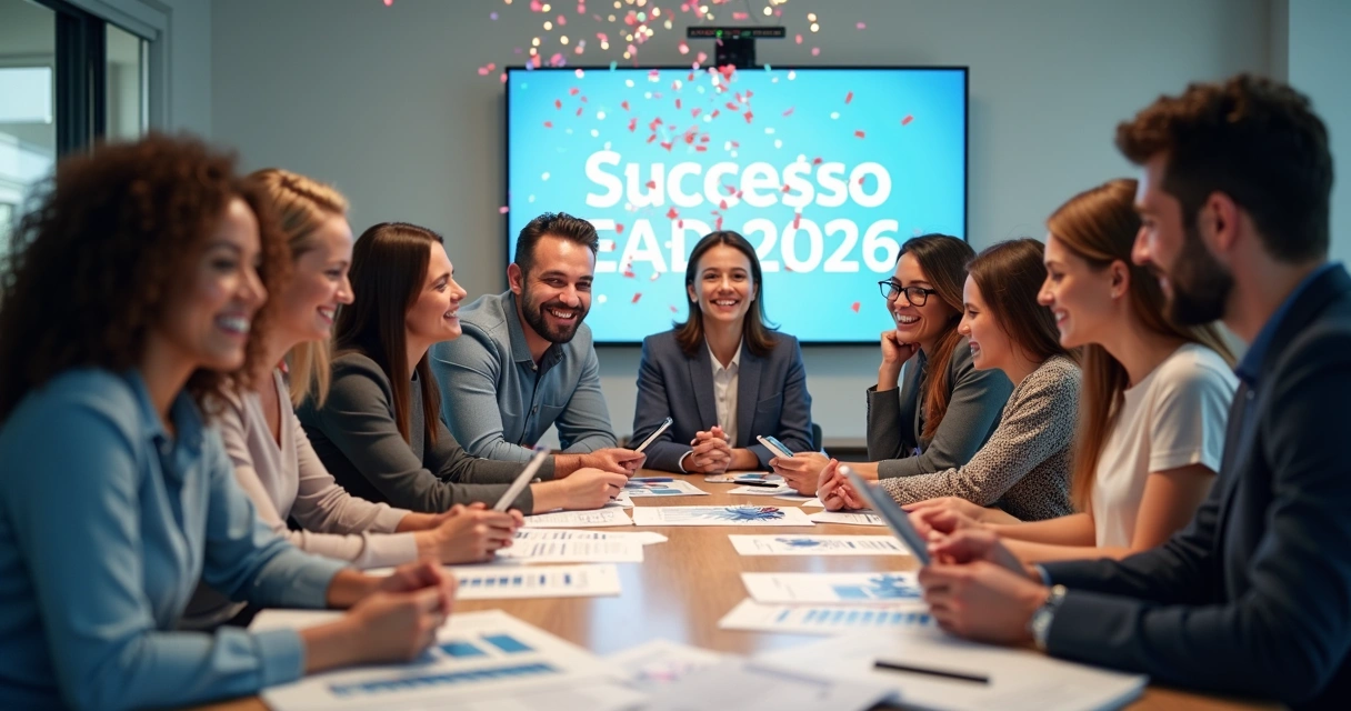 Equipe comemorando sucesso em planejamento anual EAD 